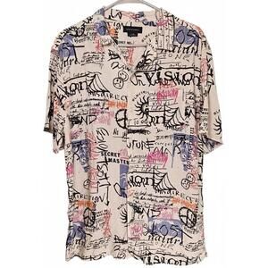 Cotton On Men's Tan Button Down Short Sleeve Shirt with Graphic Graffiti Print L